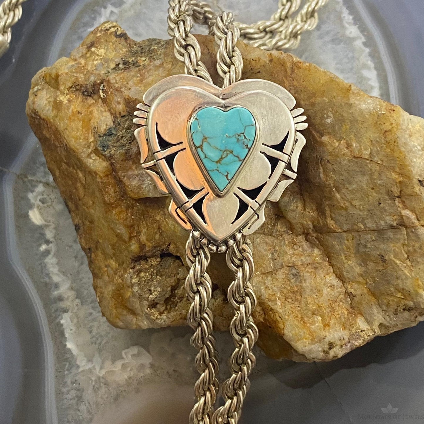 Vintage Native American Silver Turquoise Heart Lariat 26" Necklace For Women