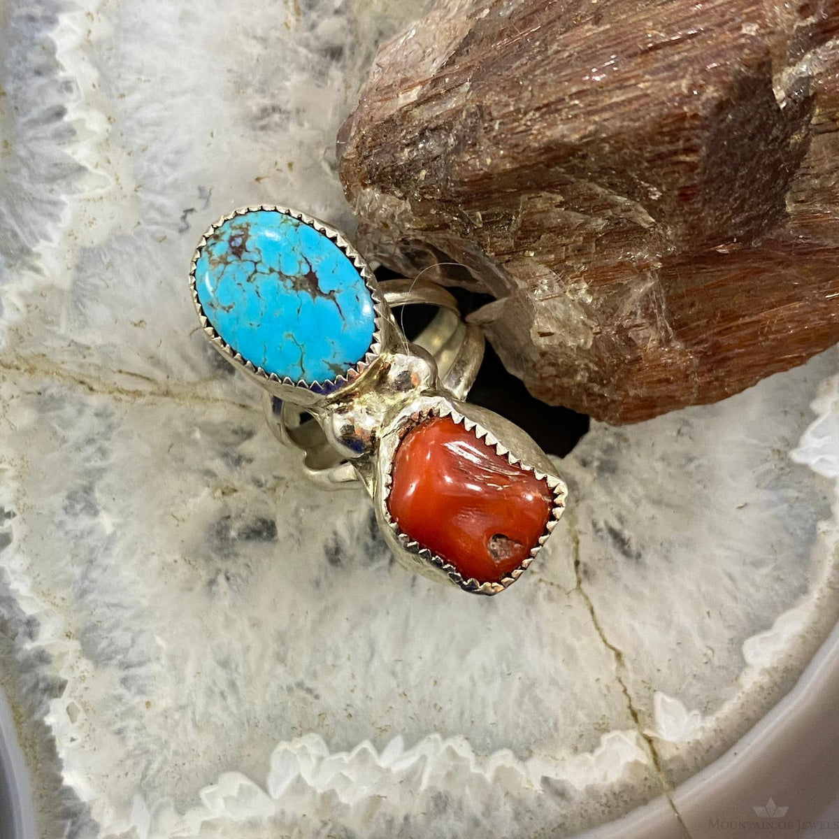 Ladies Native Rings Silver Ray Native American Sterling Silver Elongated Turquoise & Coral ...