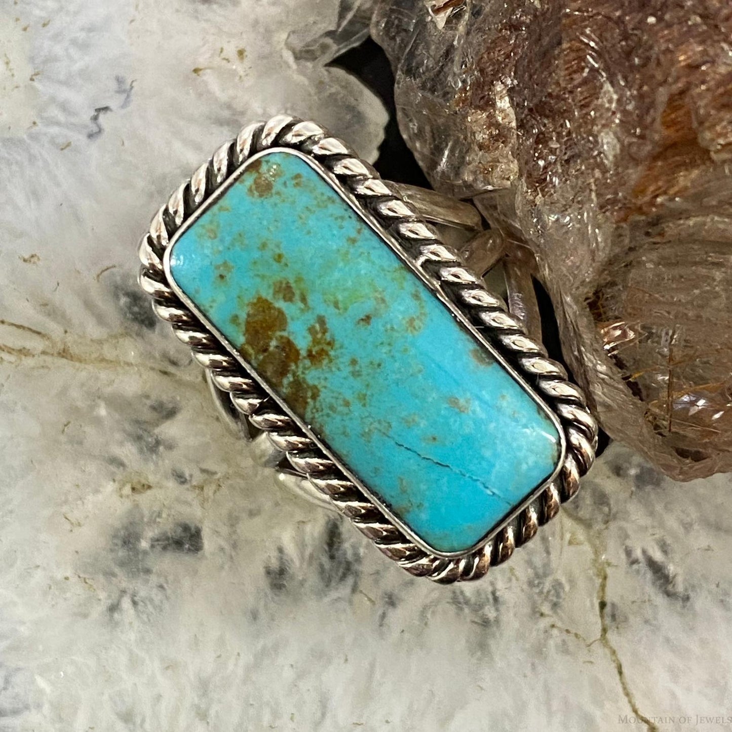 Native American Sterling Silver Rectangle Kingman Turquoise Bar Ring Size 8 For Women