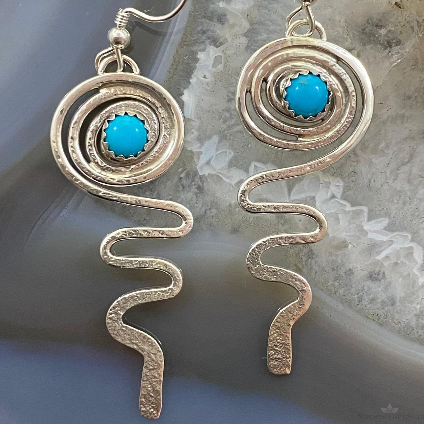 Brad Panteah Native American Sterling Silver Turquoise Spiral Dangle Earrings For Women