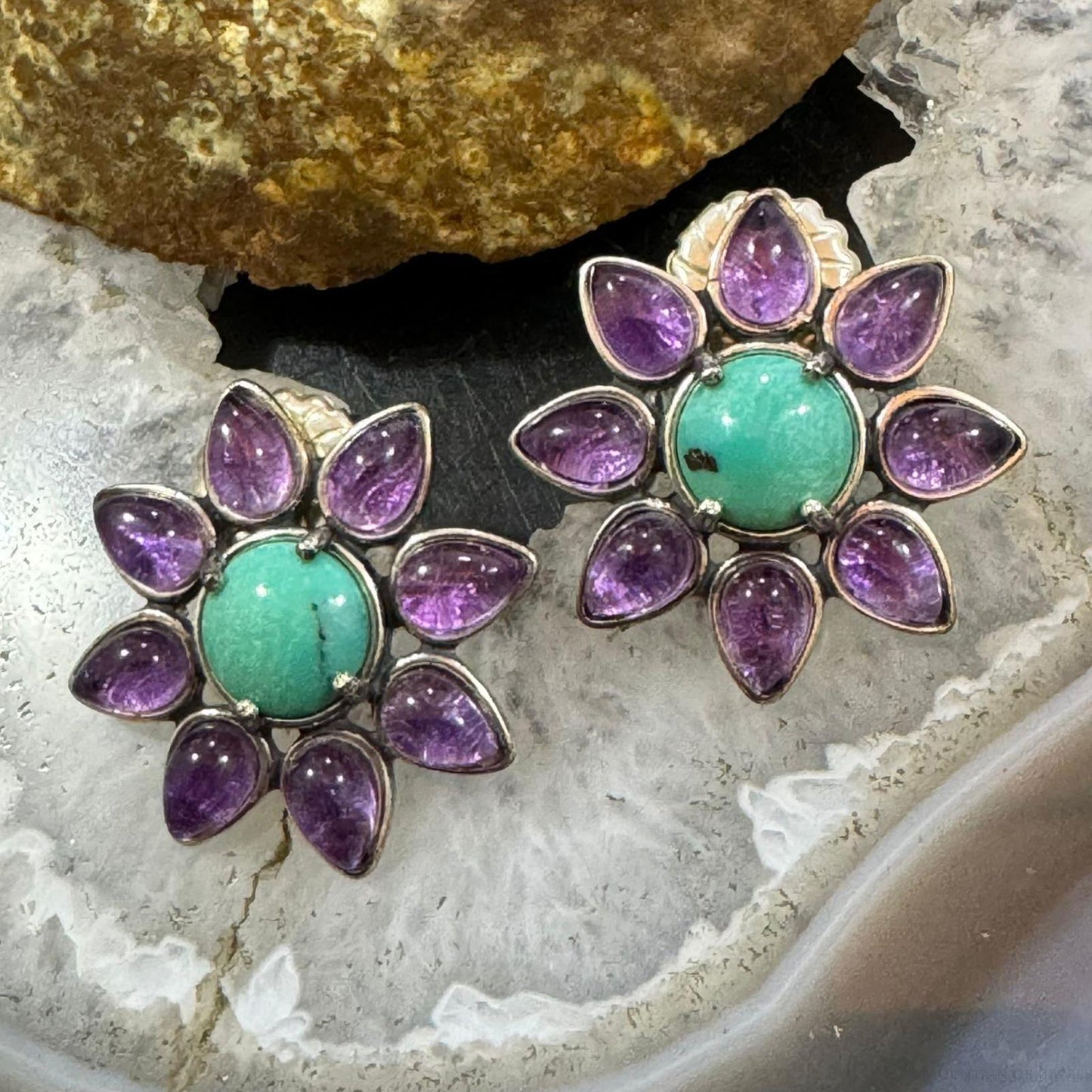 Carolyn Pollack Sterling Silver Round Turquoise & Pear Amethyst Flower Stud Earrings For Women