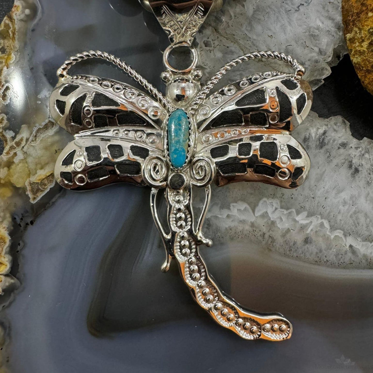 Alonzo Mariano Native American Sterling Silver Oval Turquoise Unisex Dragonfly Pendant