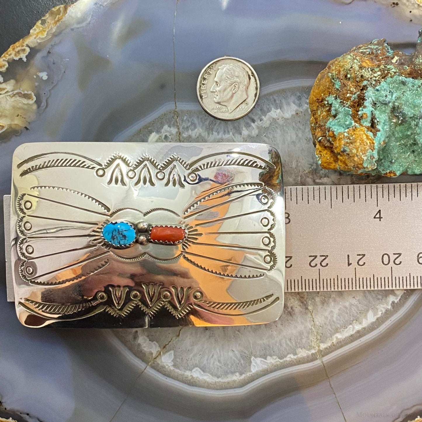 Native American Sterling Silver Turquoise & Coral Stamped Unisex Belt Buckle #1