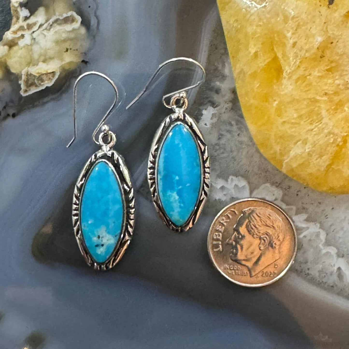 Native American Sterling Silver Marquise Kingman Turquoise Dangle Earrings For Women #1