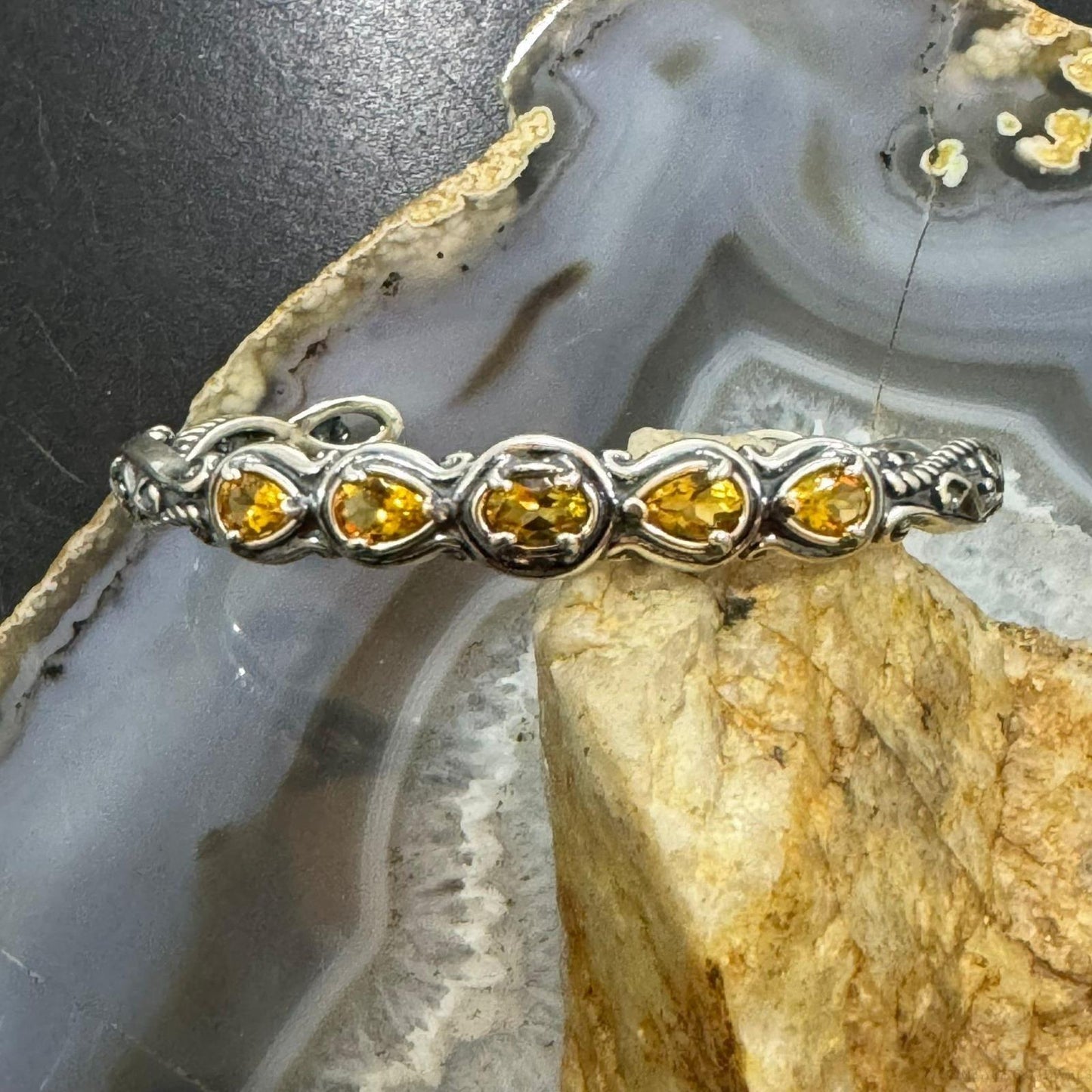 Carolyn Pollack Sterling Silver 5 Faceted Citrine Decorated Bracelet For Women