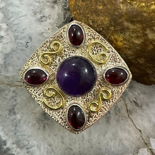 Carolyn Pollack Sterling Silver & Brass Amethyst & 4 Garnet Decorated Ring For Women