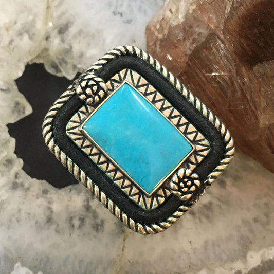 Carolyn Pollack Southwestern Style Sterling Silver Rectangle Turquoise Decorated Ring Size 8 For Women