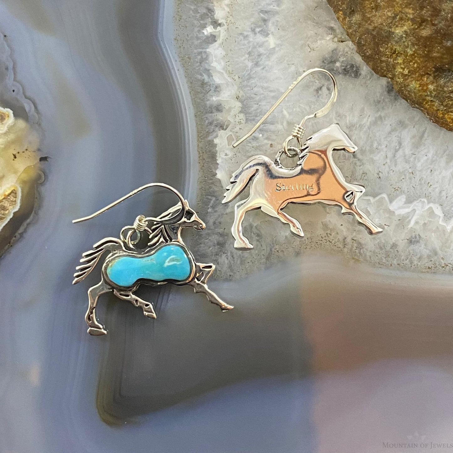 Native American Sterling Silver Blue Turquoise Horse Dangle Earrings For Women