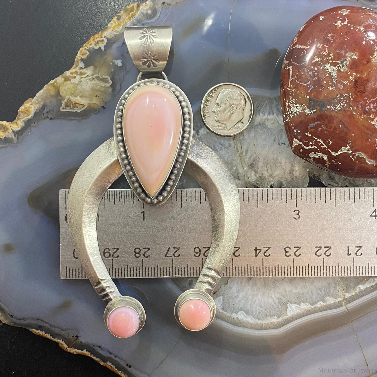 Native American Sterling Silver Teardrop Pink Conch Shell Naja Pendant For Women
