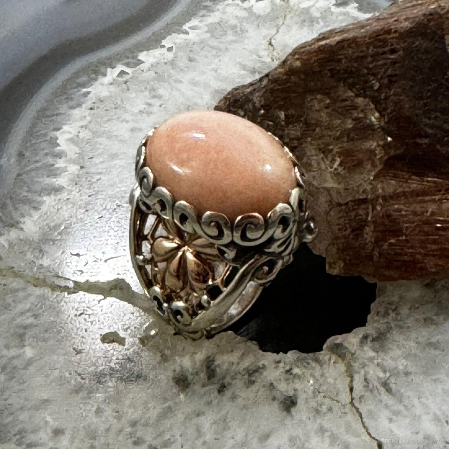 Carolyn Pollack Sterling Silver & Brass Oval Rhodonite Decorated Floral Ring For Women