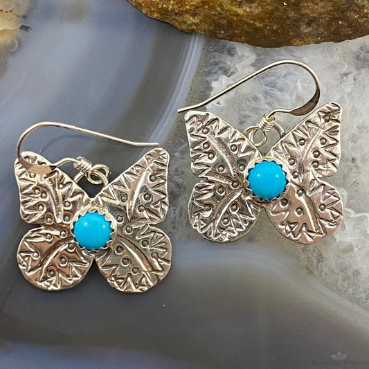 Brad Panteah Native American Silver Stamped Butterfly Turquoise Dangle Earrings For Women