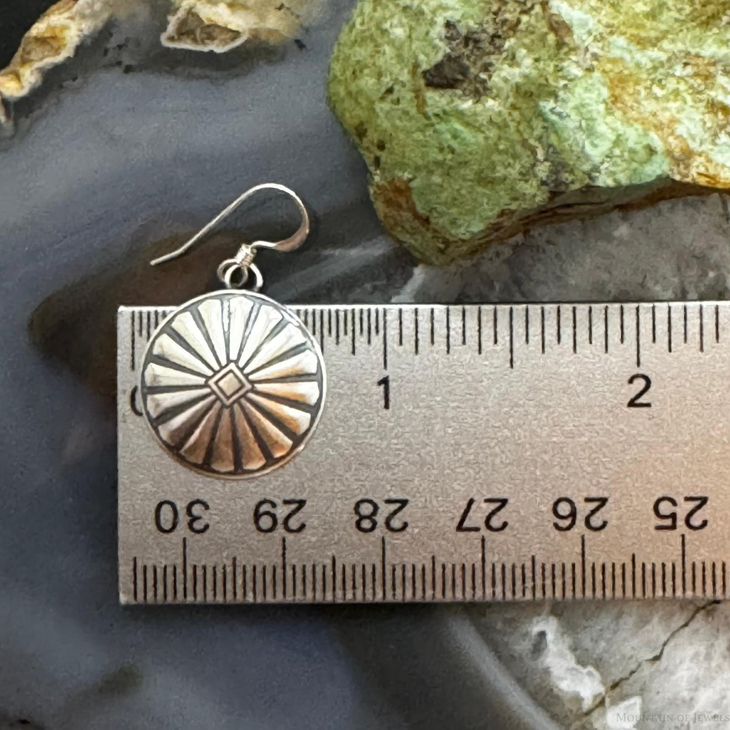 Native American Sterling Silver Sunburst Round Concho Stamped Dangle Earrings For Women