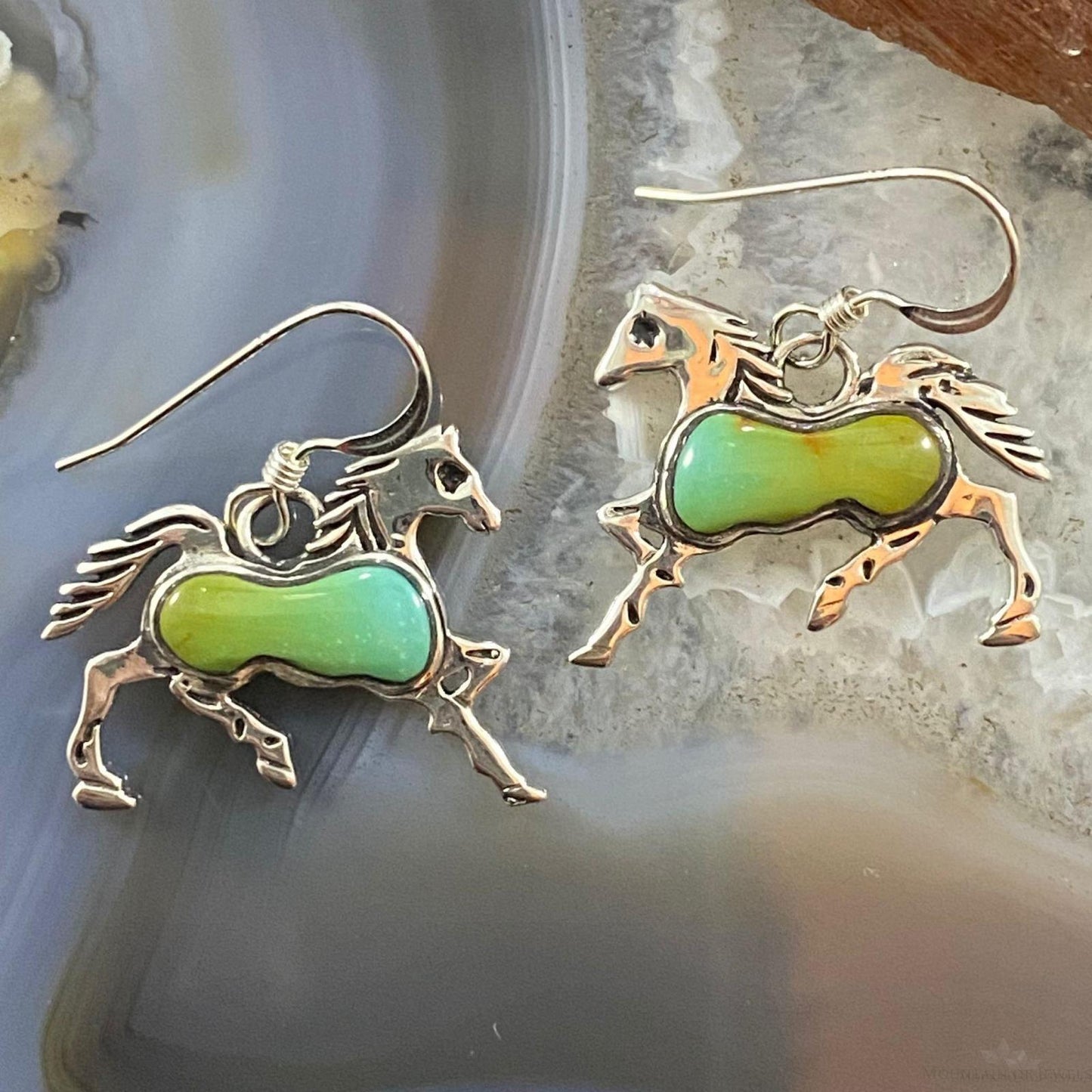 Native American Sterling Silver Turquoise Horse Dangle Earrings For Women