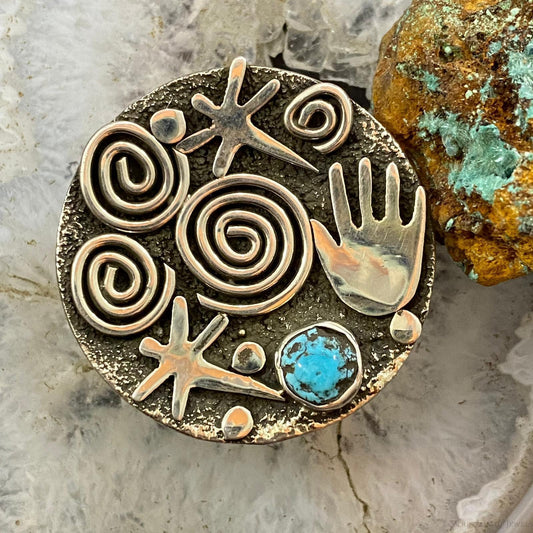 Alex Sanchez Native American Sterling Silver Turquoise Round Top Petroglyph Ring For Women