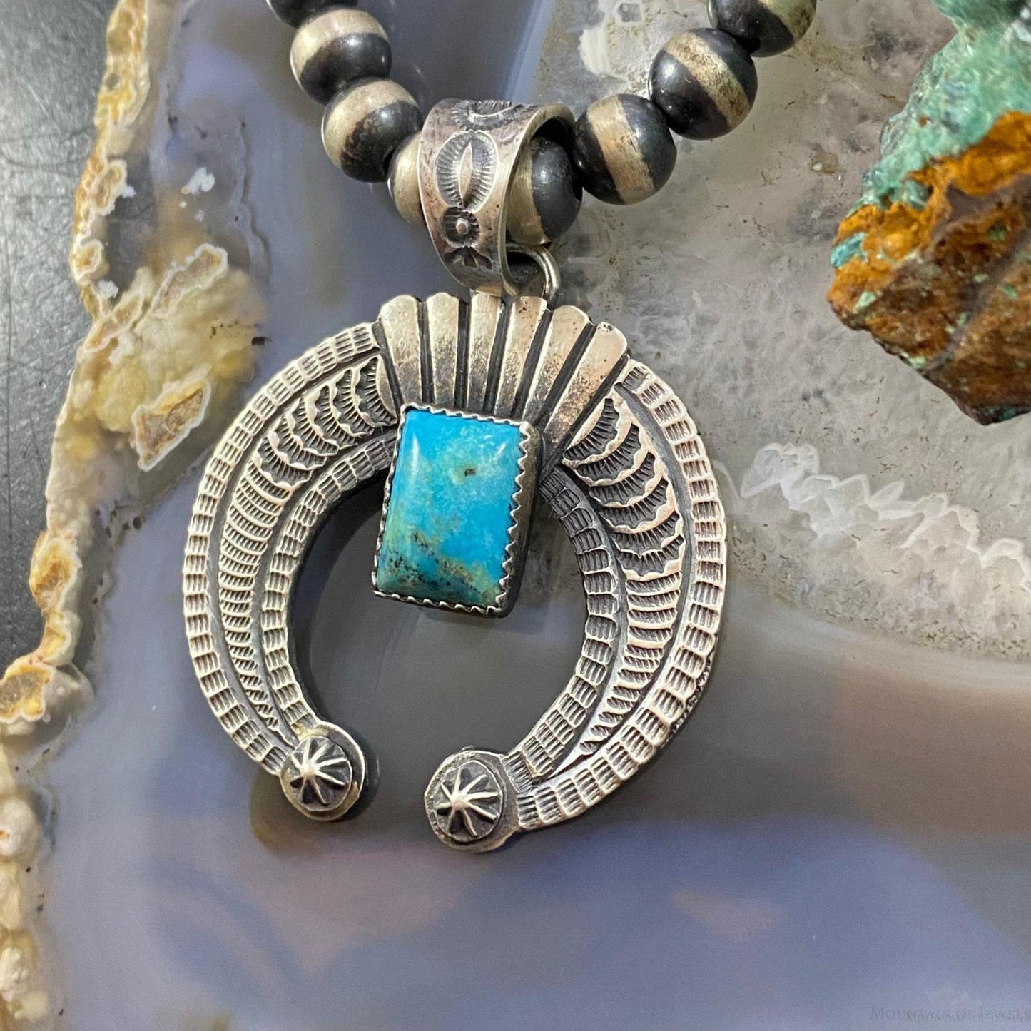 Kevin Billah native American  Sterling Silver Rectangle Turquoise Decorated Unisex Naja Pendant