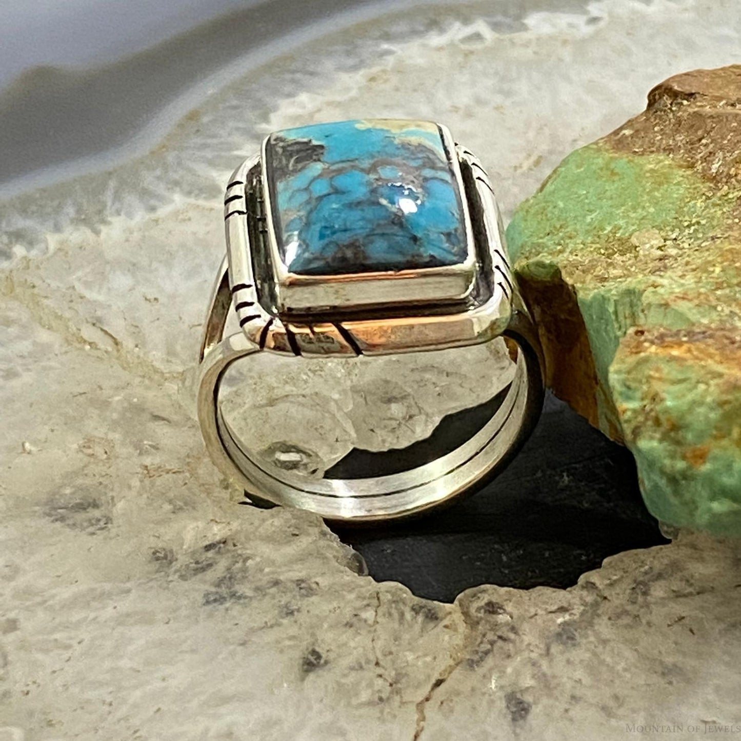 Native American Sterling Silver Rectangle Blue Ridge Turquoise Mini Bar Ring Size 8.25 For Women
