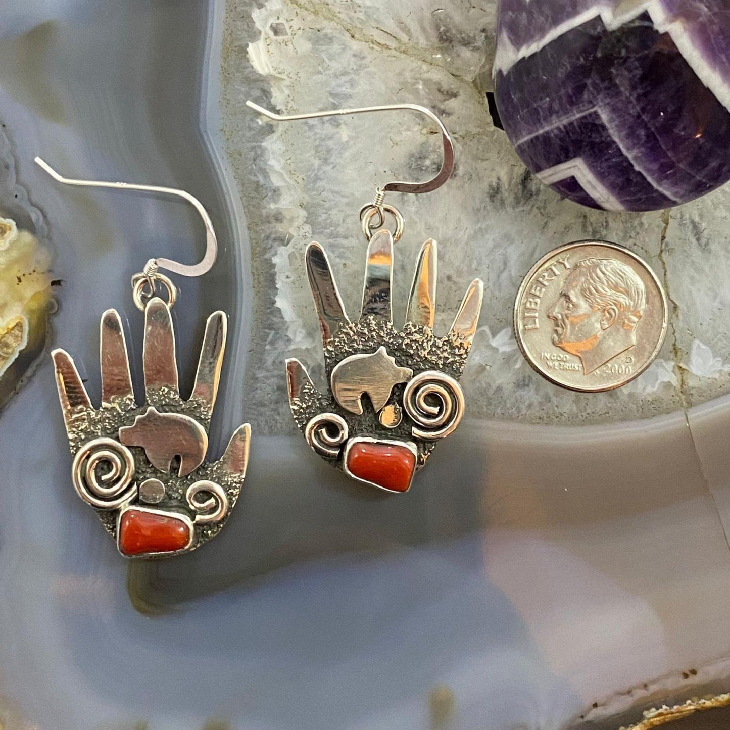 Alex Sanchez Sterling Silver Ancestors Hand Petroglyph W/Coral Dangle Earrings For Women #2