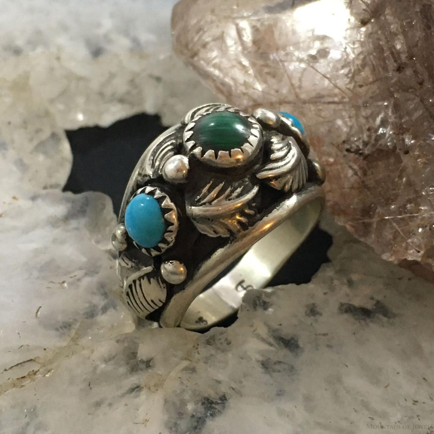 Vintage Native American Sterling Silver Turquoise & Malachite Decorated Ring Size 6.25 For Women