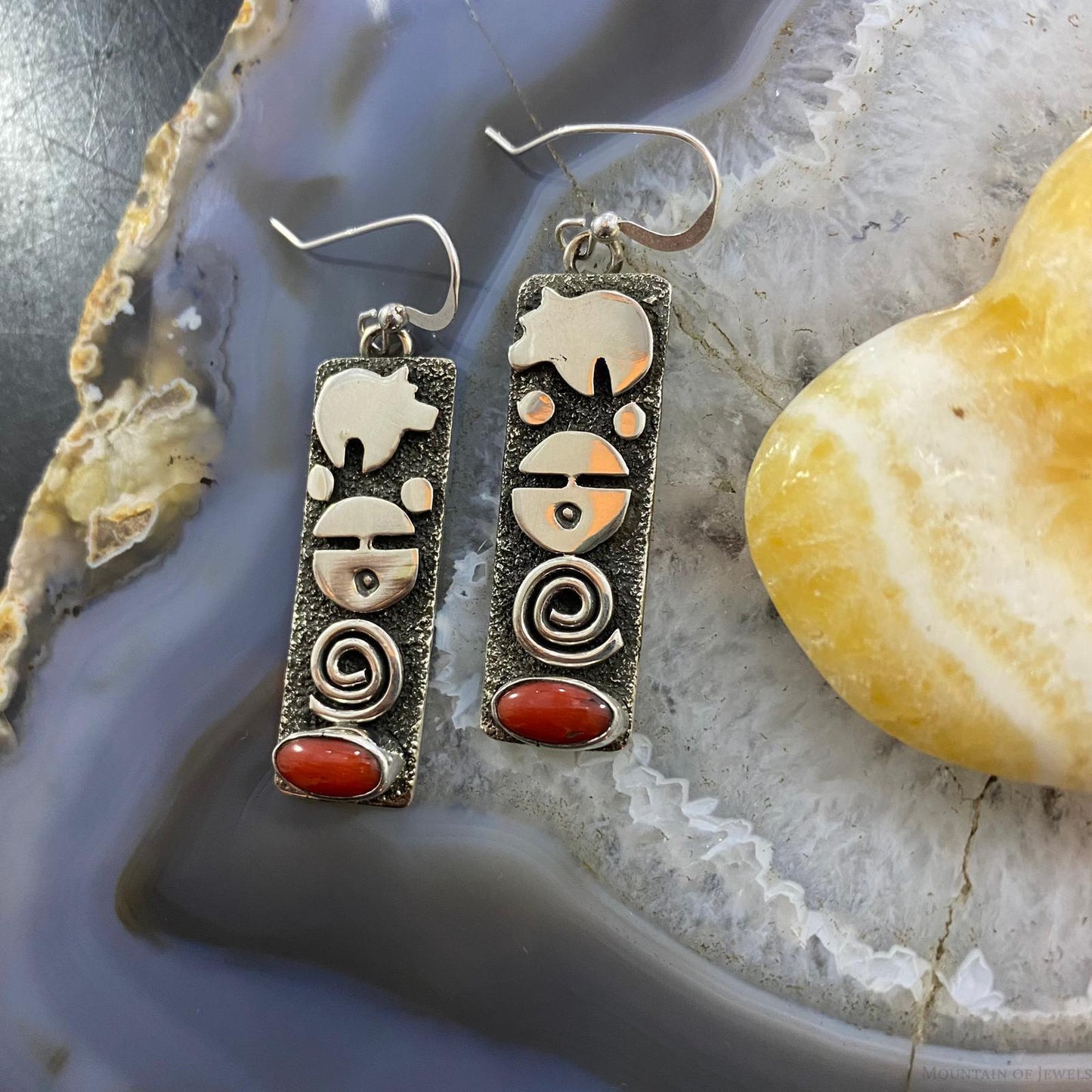 Alex Sanchez Native American Sterling Silver Coral Rectangle Petroglyph Dangle Earrings For Women #6