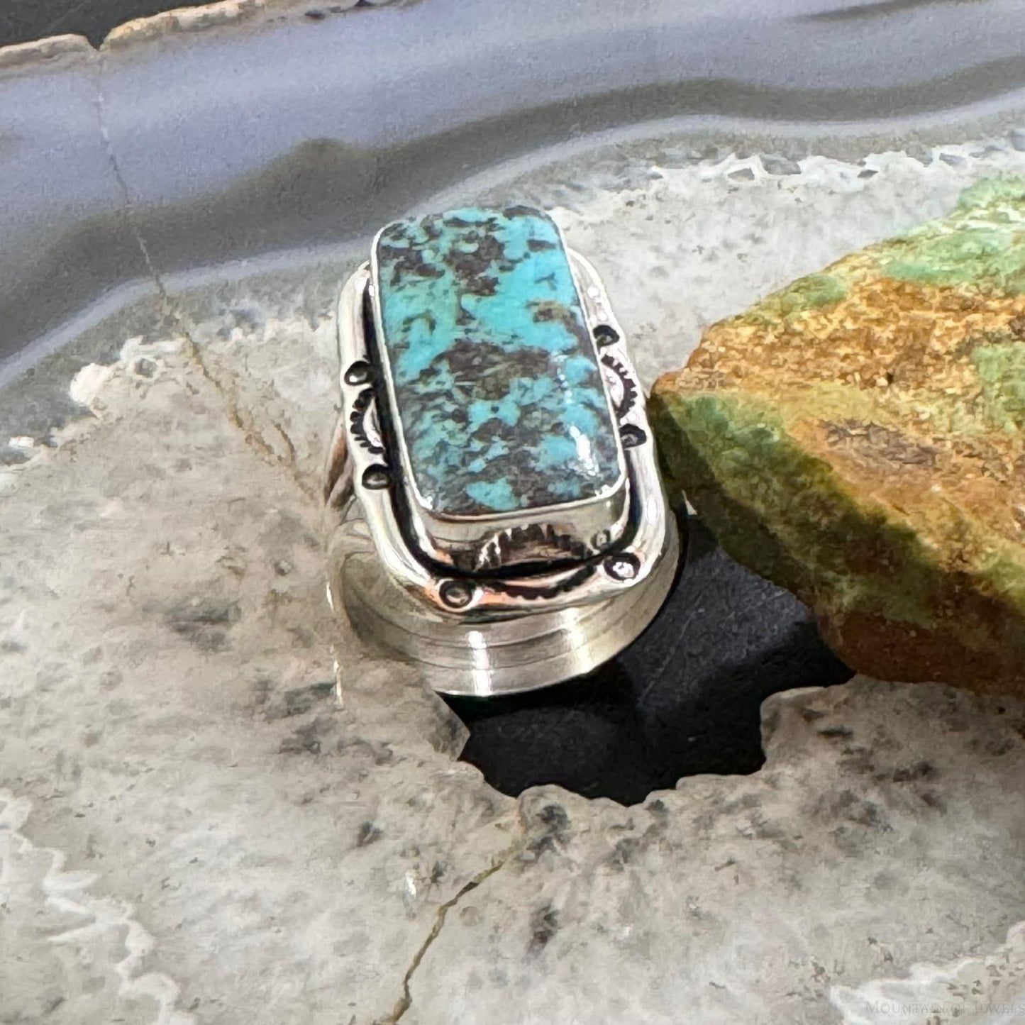 Native American Sterling Silver Matrix Turquoise Bar Ring Size 10 For Women