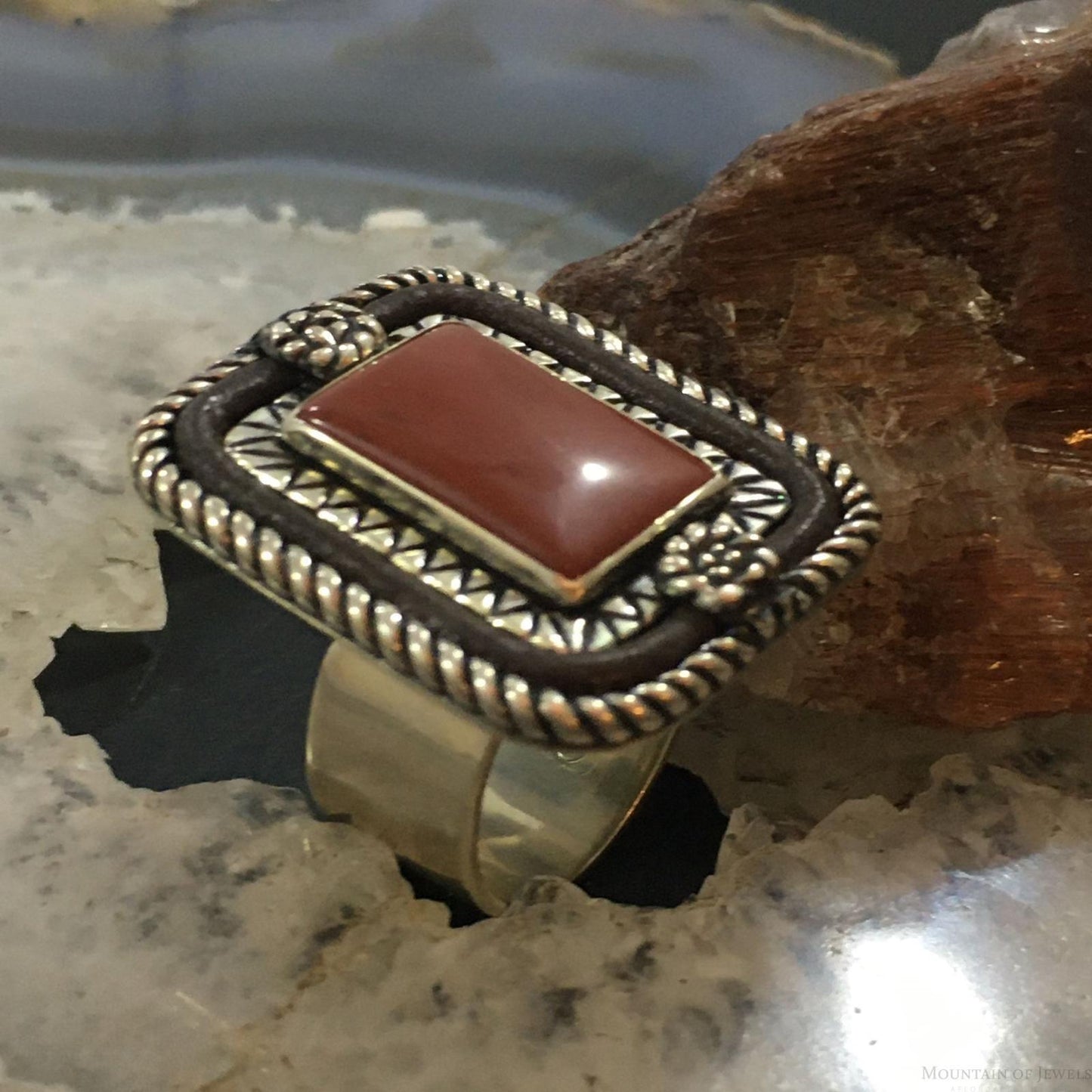 Carolyn Pollack Southwestern Style Sterling Silver Rectangle Red Jasper Decorated Ring Size 8 For Women