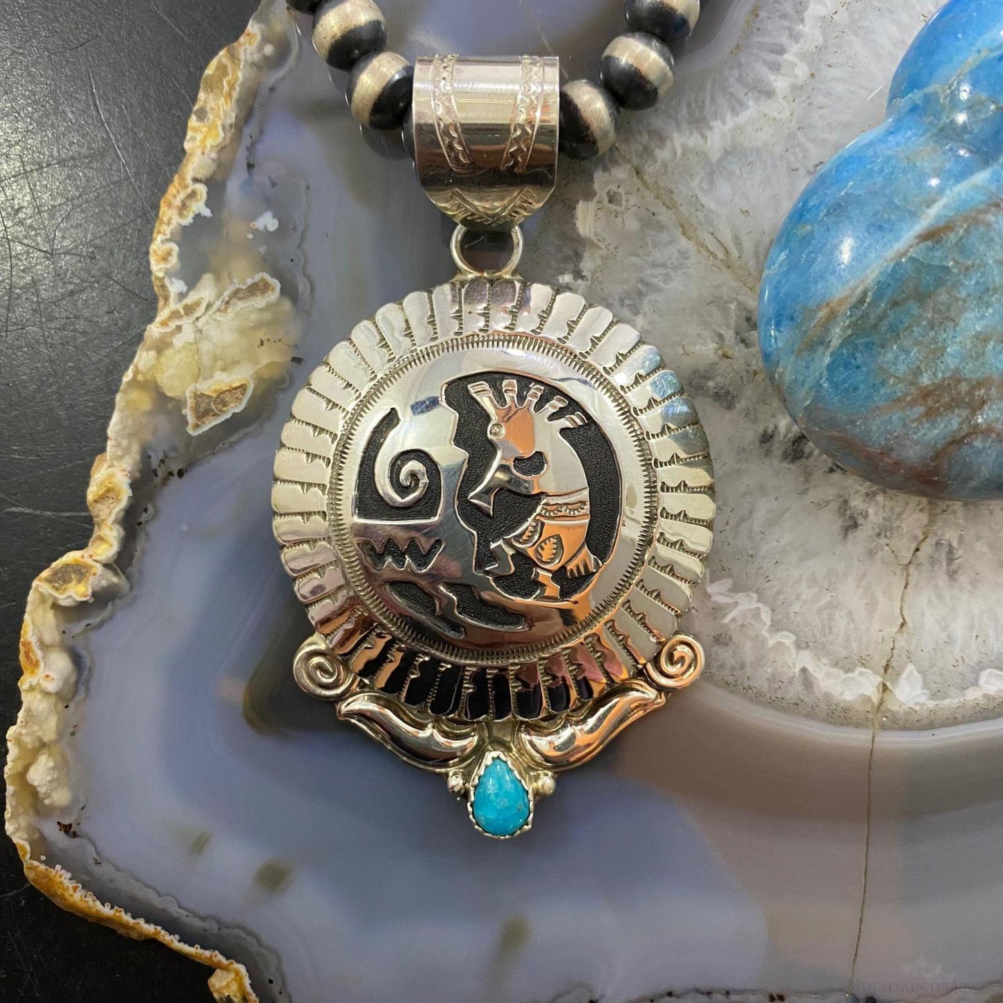 Alonzo Mariano Sterling Silver Turquoise Kokopelli Overlay Round Unisex Pendant