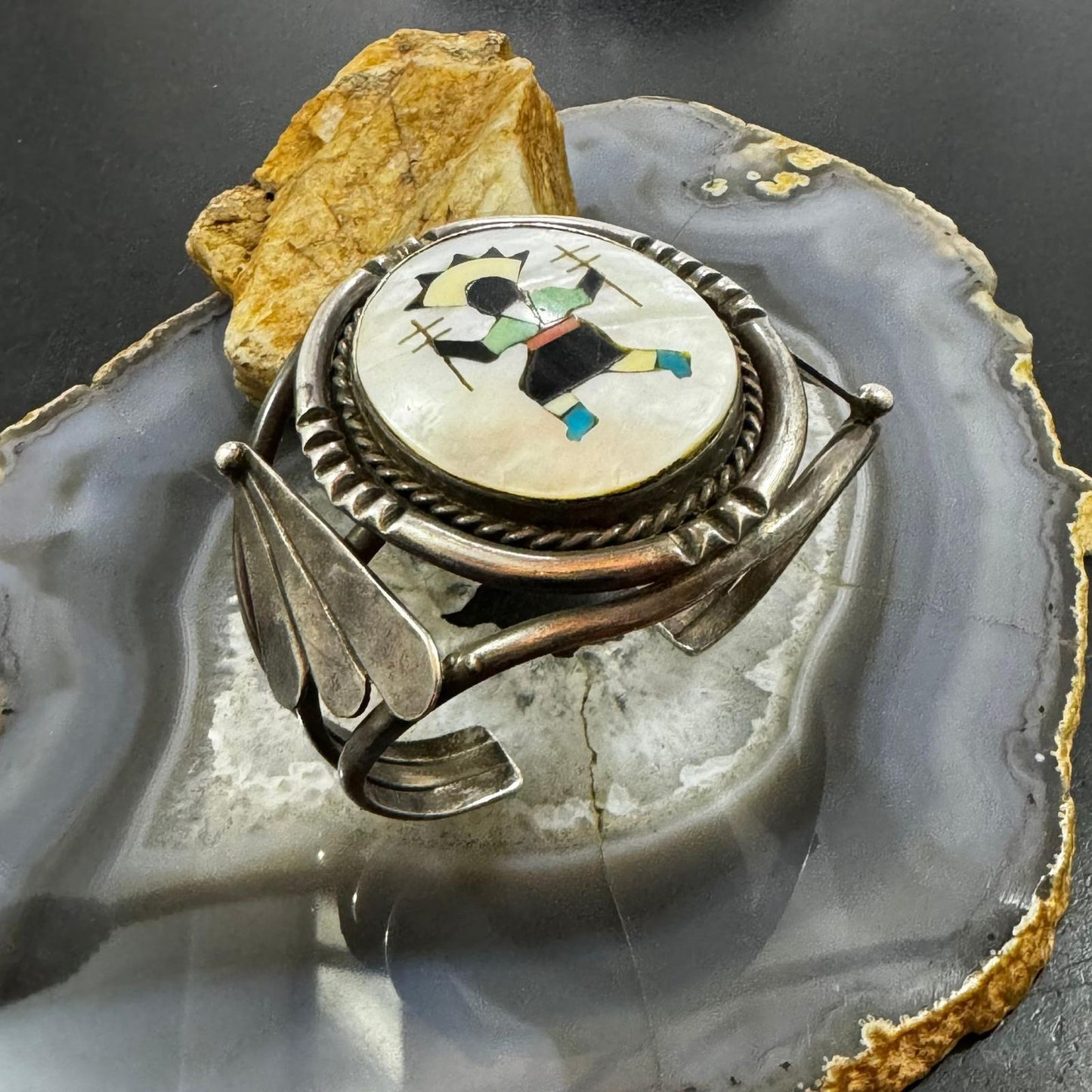 Clem Nalwood Native American Vintage Silver Multi-gemstone Inlay Shalako Dancer Bracelet