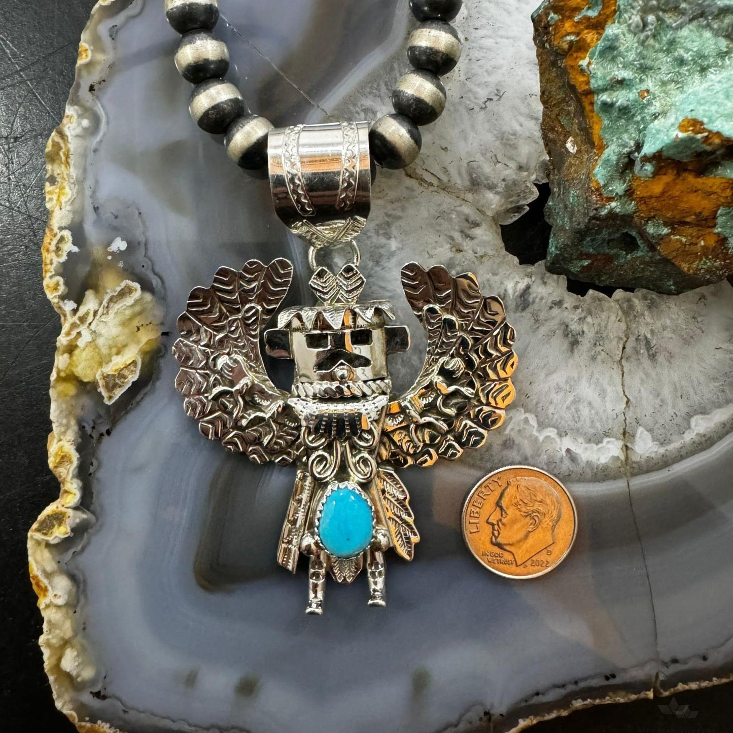 Alonzo Mariano Sterling Silver Oval Turquoise Decorated Kachina Unisex Pendant