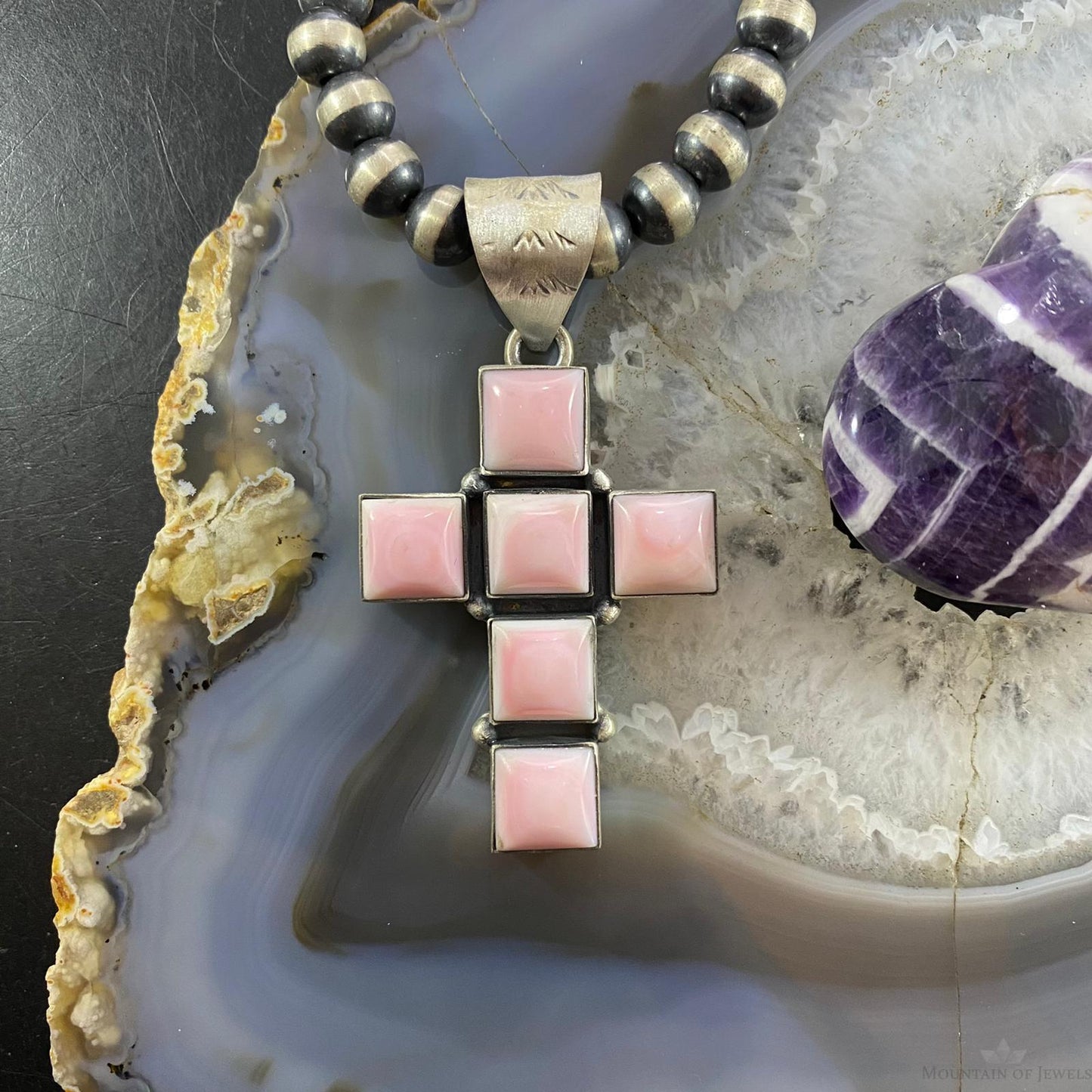 Native American Sterling Silver Pink Conch Shell Cross Pendant For Women
