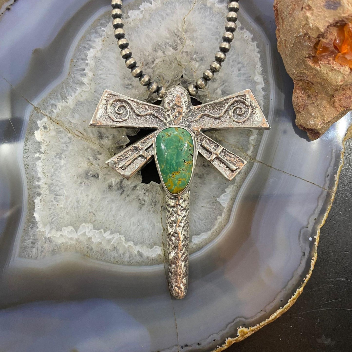 Gary Custer Navajo Sterling Silver Tufa Cast Dragonfly Royston Turquoise Unisex Pendant