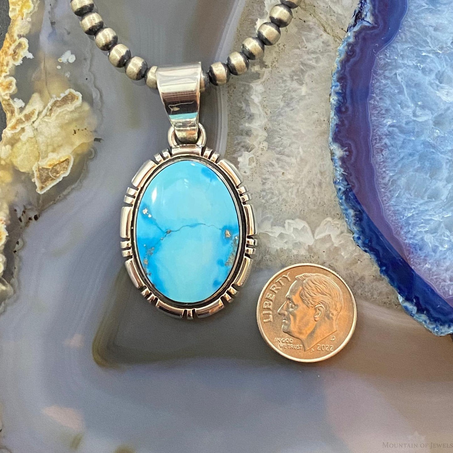Native American Sterling Silver Oval Blue Ridge Turquoise Pendant For Women