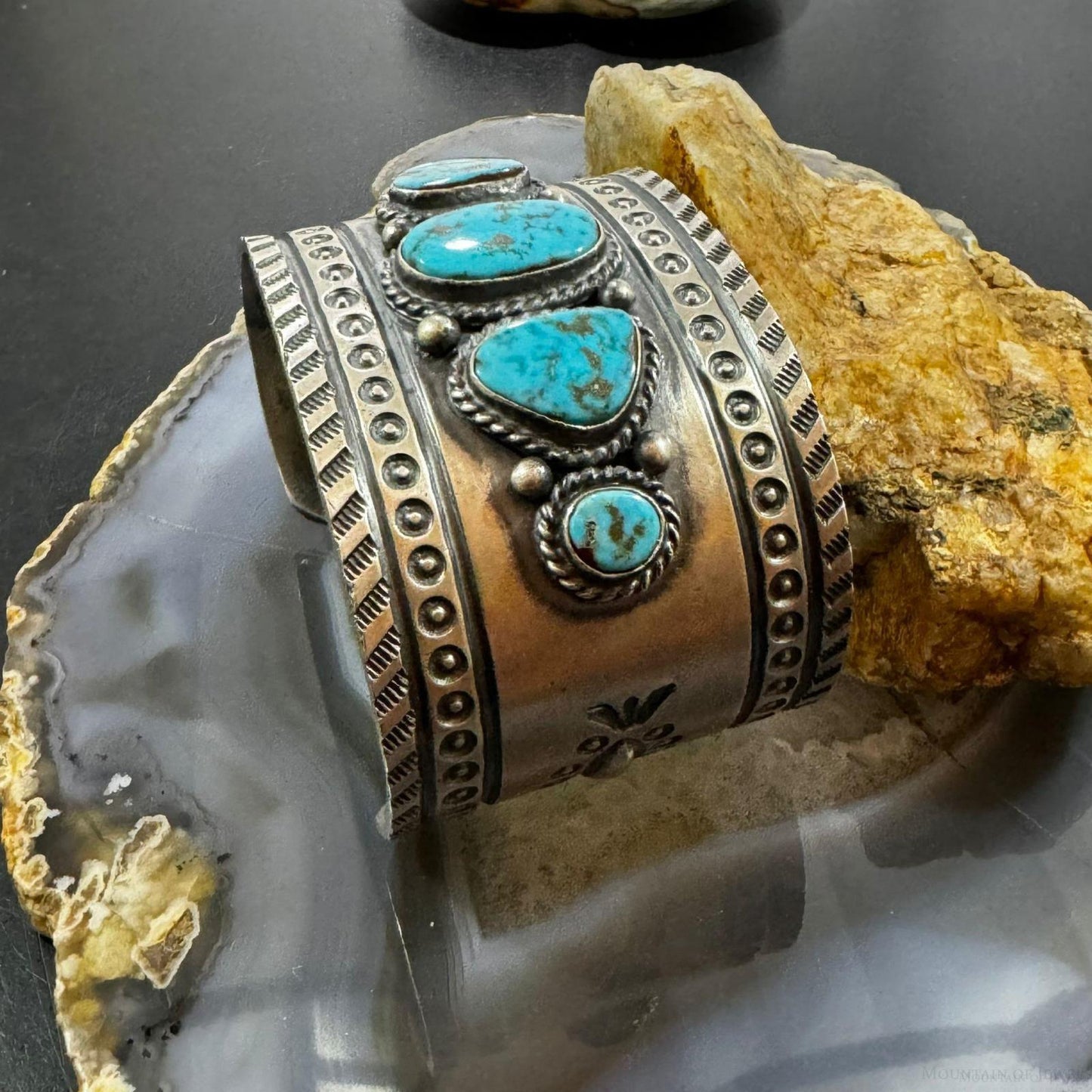 Sterling Silver Native American Turquoise Wide and Heavy Stamped Unisex Bracelet
