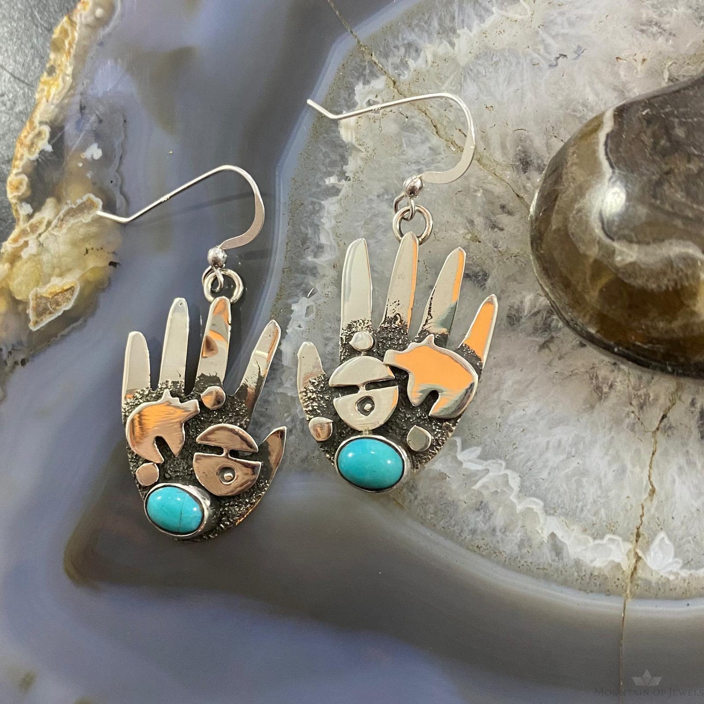 Alex Sanchez Native American Sterling Silver Ancestors Hand Petroglyph W/Turquoise Dangle Earrings For Women #7