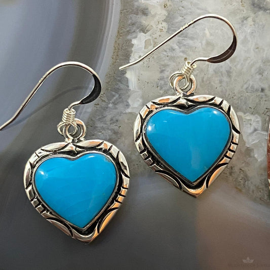 Native American Sterling Silver Kingman Turquoise Heart Dangle Earrings For Women