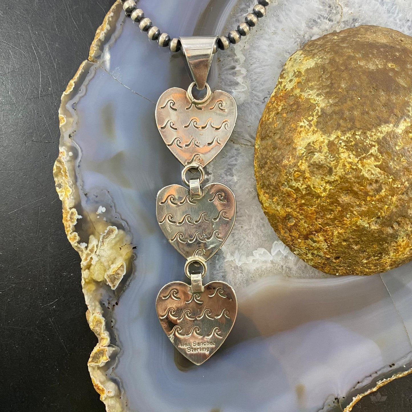 Alex Sanchez Native American Sterling Silver Petroglyph Triple Heart Pendant For Women #6