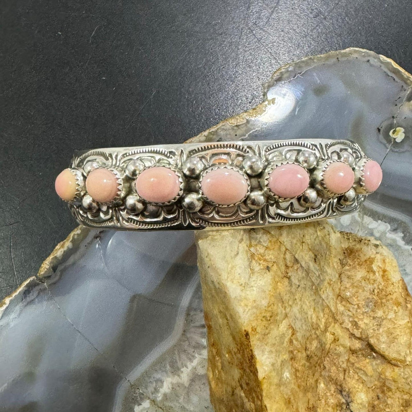 Grace Silver Native American Sterling Silver Oval Pink Conch Row Bracelet For Women #1