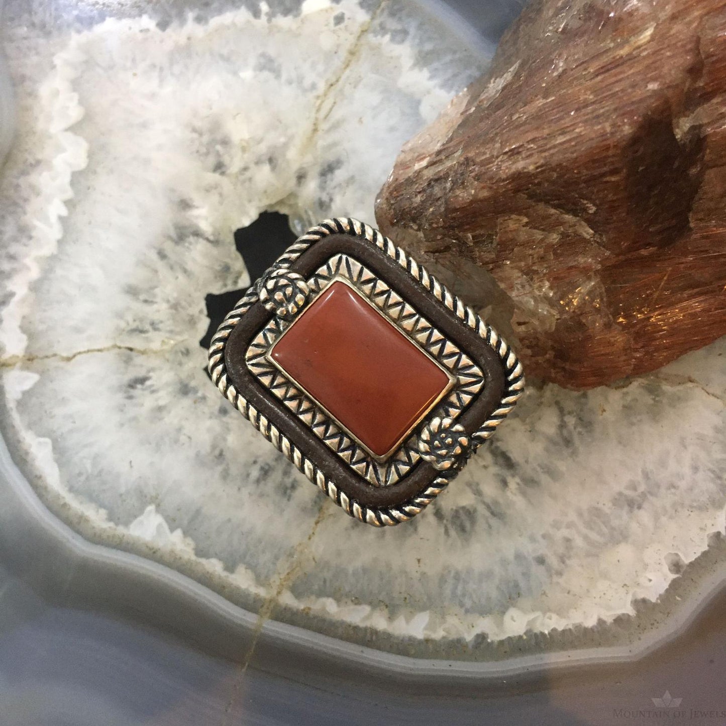 Carolyn Pollack Southwestern Style Sterling Silver Rectangle Red Jasper Decorated Ring Size 8 For Women