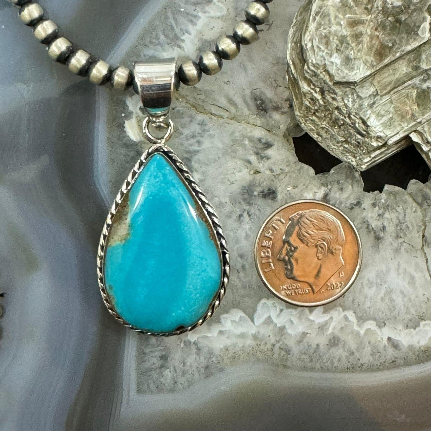 Native American Sterling Silver Teardrop Blue Turquoise Decorated Unisex Pendant