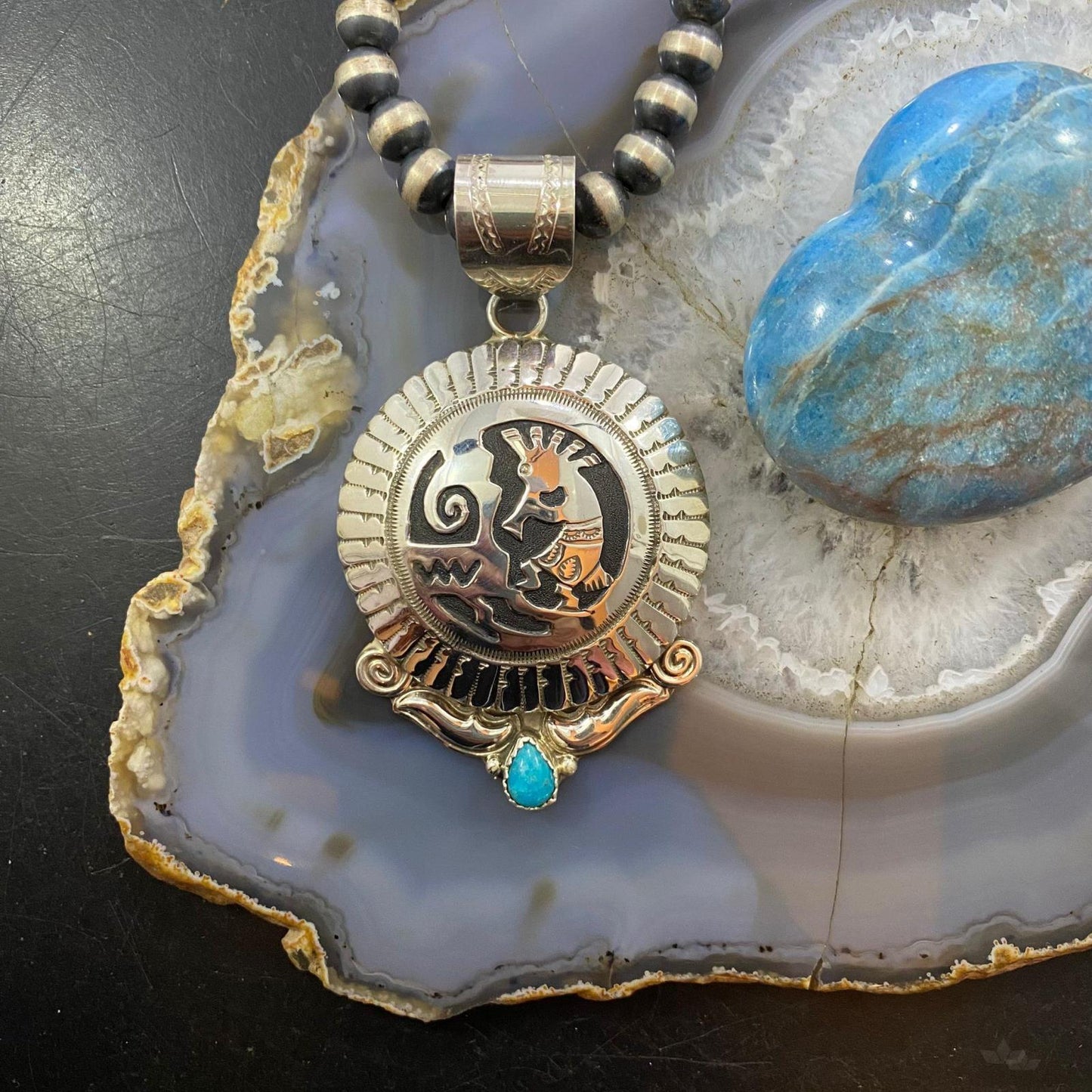 Alonzo Mariano Sterling Silver Turquoise Kokopelli Overlay Round Unisex Pendant