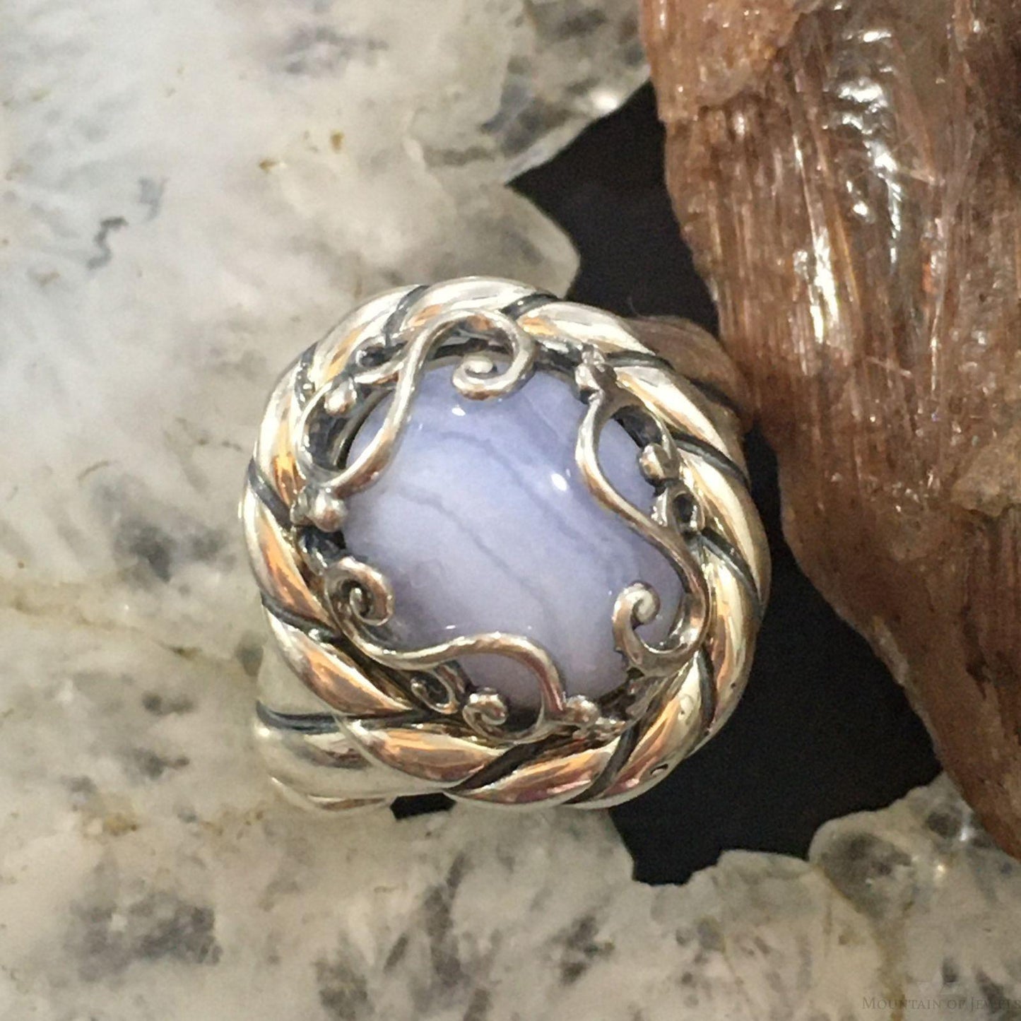 Carolyn Pollack Sterling Silver Oval Blue Lace Agate Decorated Ring Size 8 For Women