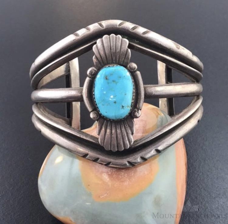 Native American Silver Heavy Turquoise Split Shank Bracelet Cuff For Women