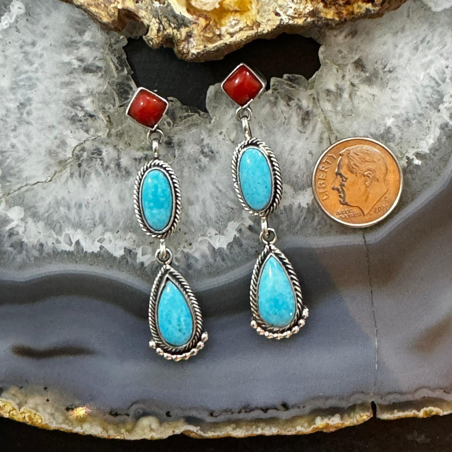 Verley Betone Sterling Silver Coral & 2 Turquoise Decorated Dangle Earrings For Women