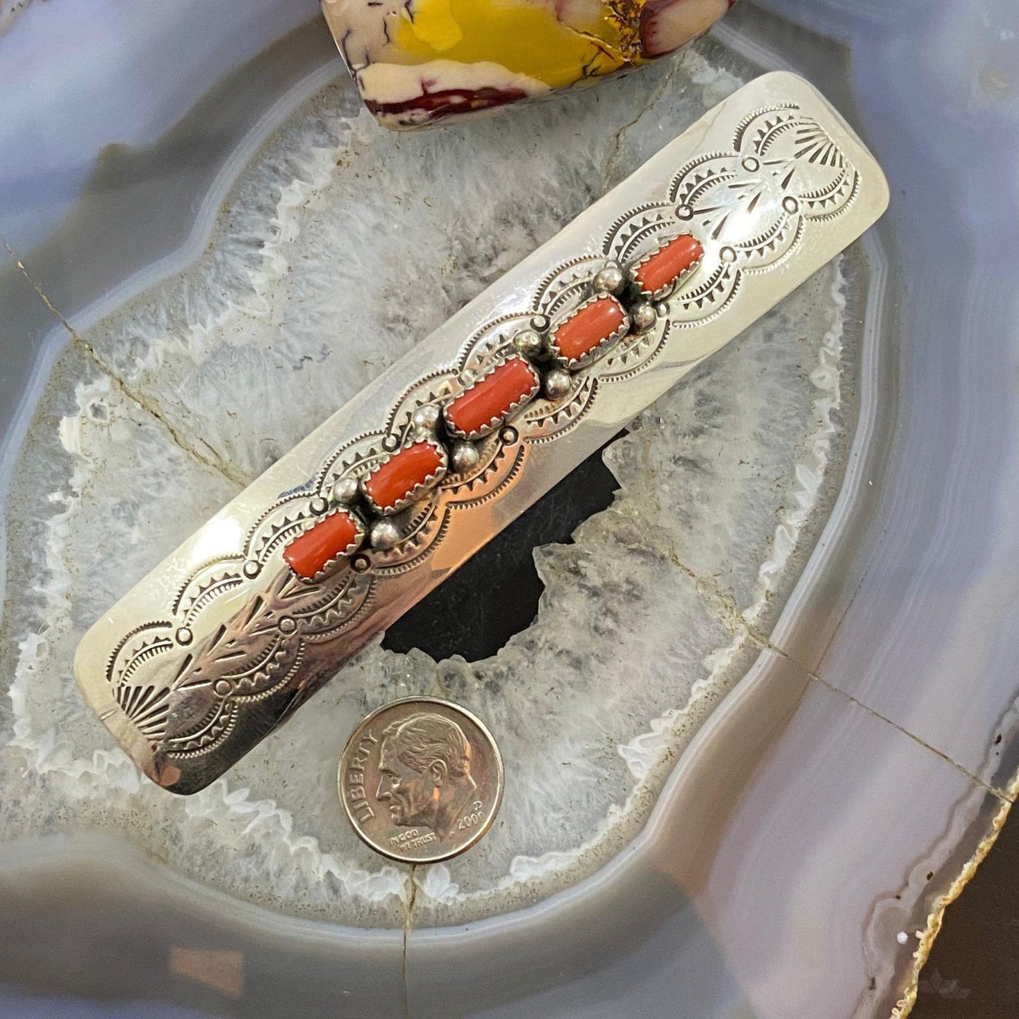 Native American Sterling Silver 5 Coral Stamped Hair Barrette For Women #3