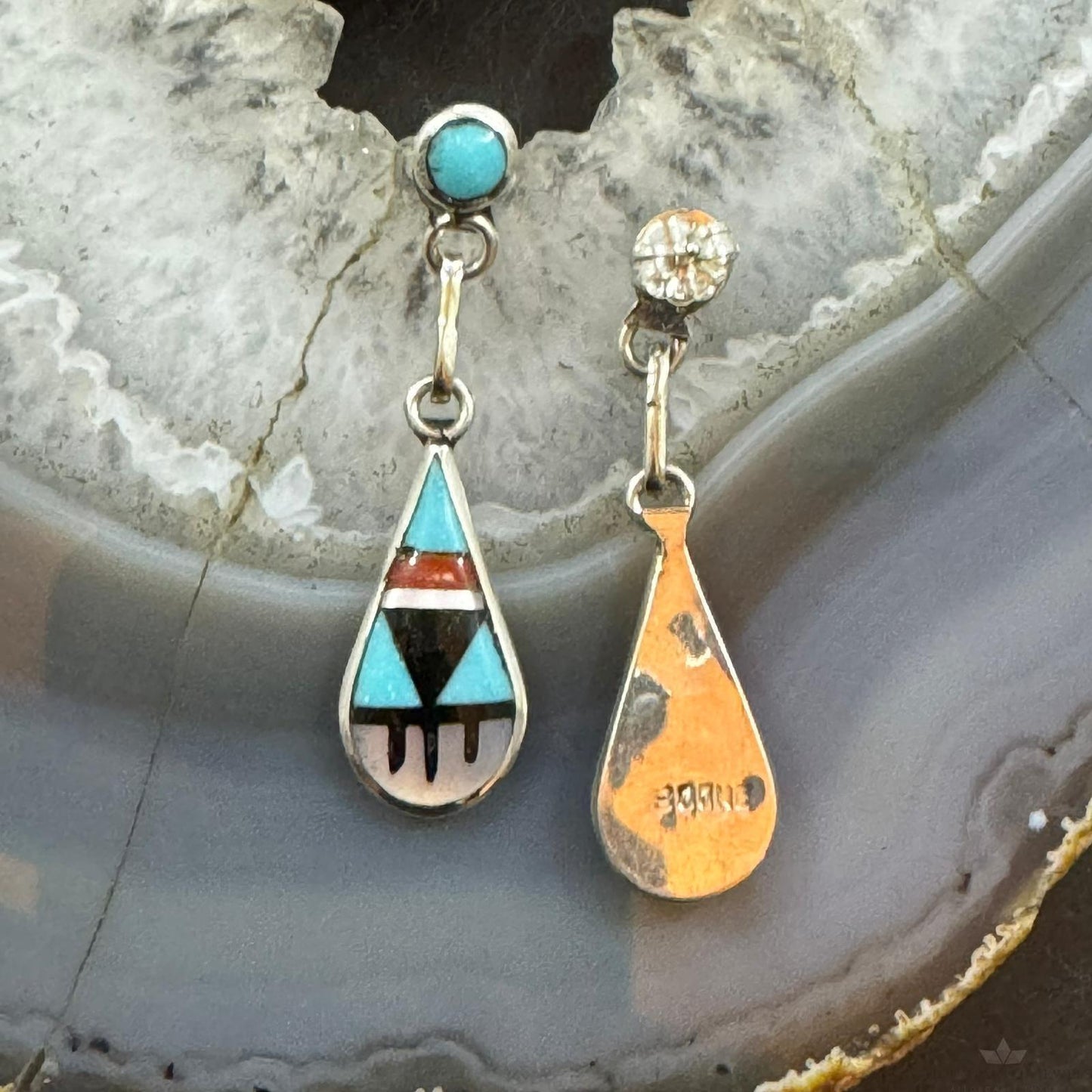 Delberta Boone Native American Sterling Silver Multi Gemstone Inlay Dangle Earrings For Women