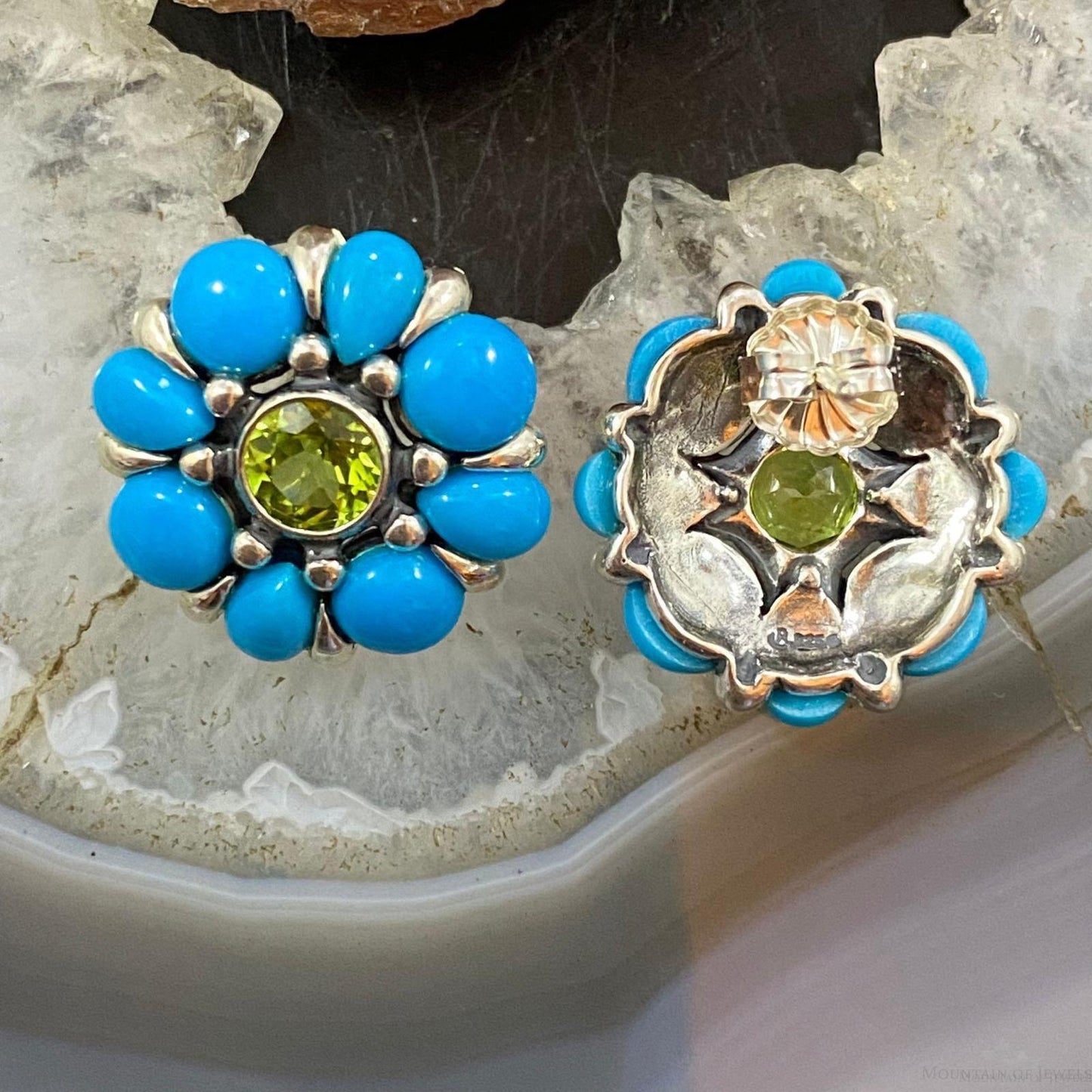 Carolyn Pollack Sterling Silver Turquoise & Faceted Peridot Flower Stud Earrings For Women