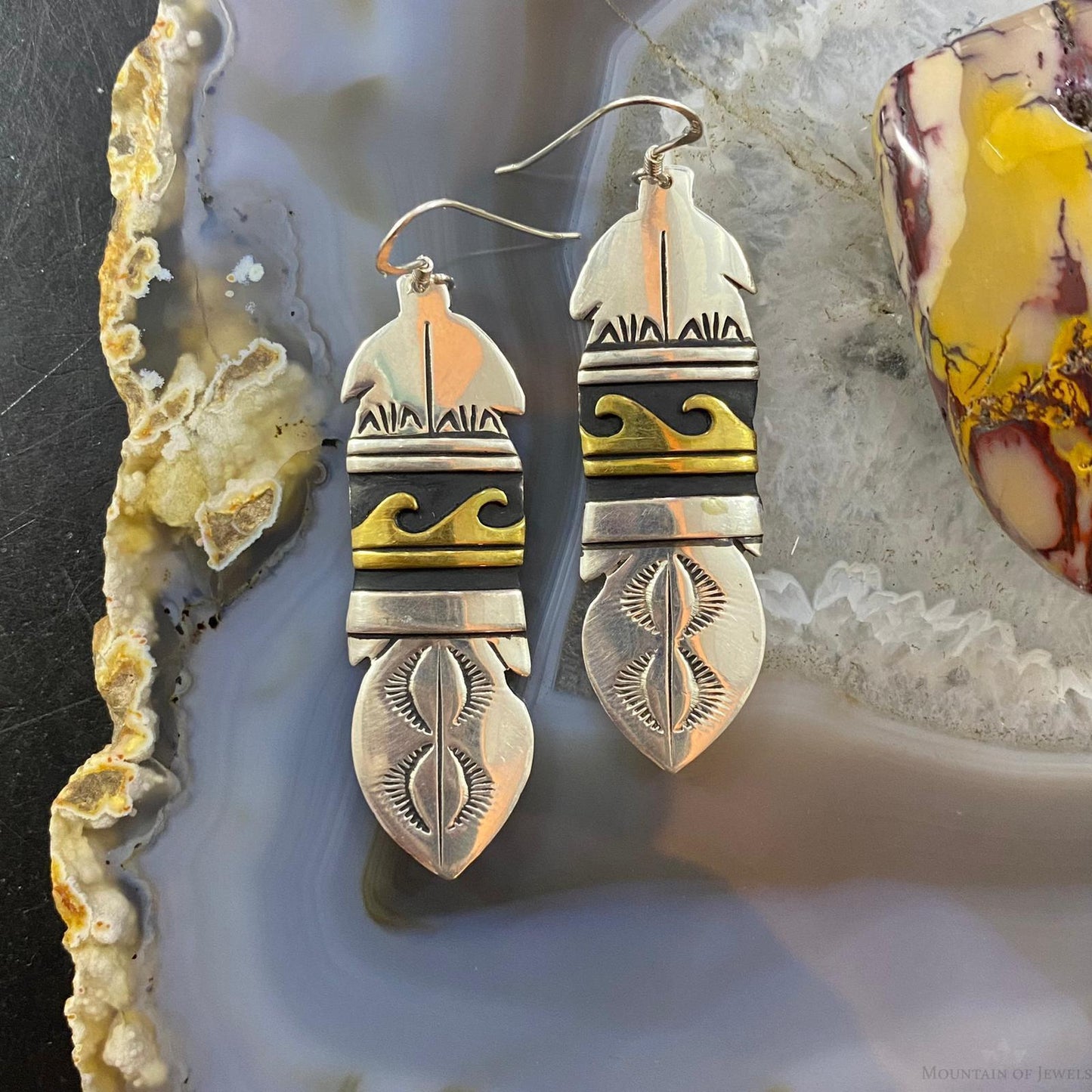 Tommy & Rosita Singer Native American Sterling Silver & Gold Filled Overlay Feather Dangle Earrings For Women #1