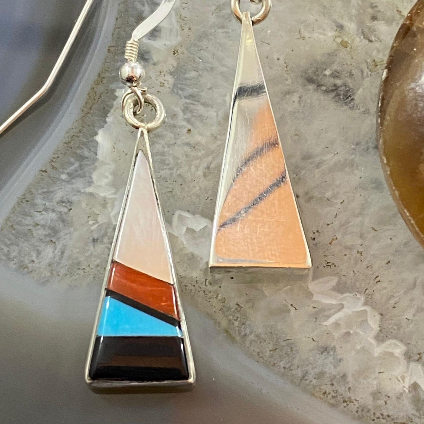 Sheryl Edaakie Zuni Native American Sterling Silver Triangle Inlay Dangle Earrings For Women