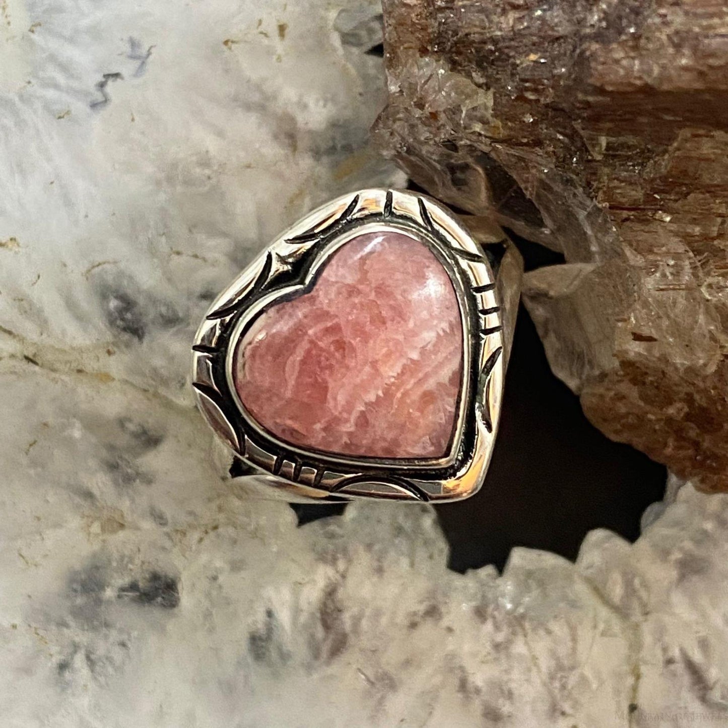 Native American Sterling Silver Rhodochrosite Heart Ring Size 6.25 For Women