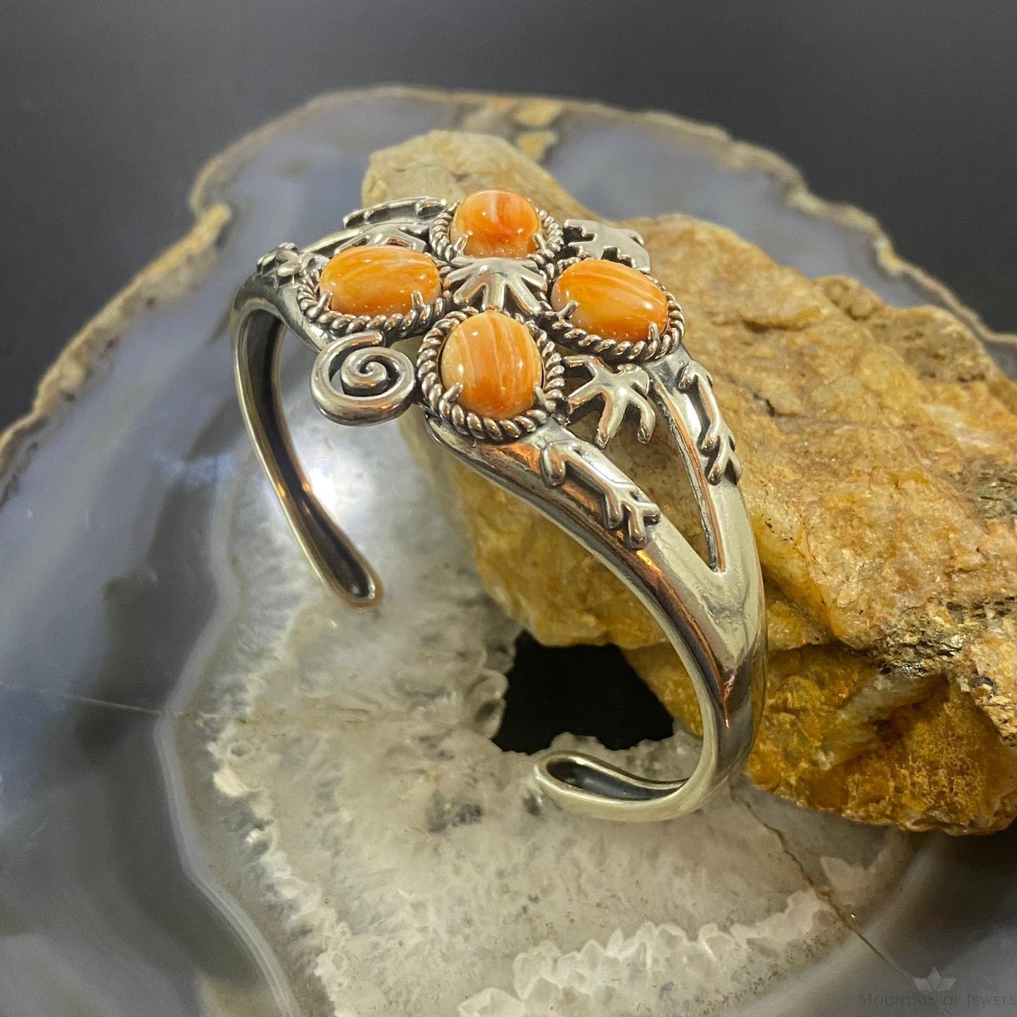 Carolyn Pollack Southwestern Style Sterling Silver 4 Oval Orange Spiny Oyster Bracelet For Women