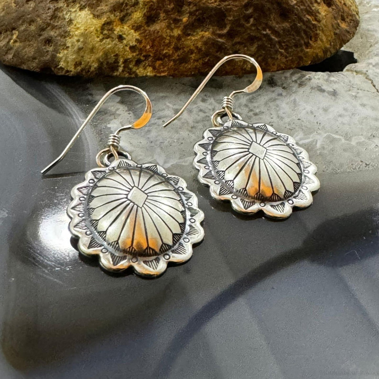 Native American Sterling Silver Oval Stamped Concho Dangle Earrings For Women